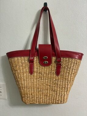 Large Woven Straw Tote with Red Leather Trim